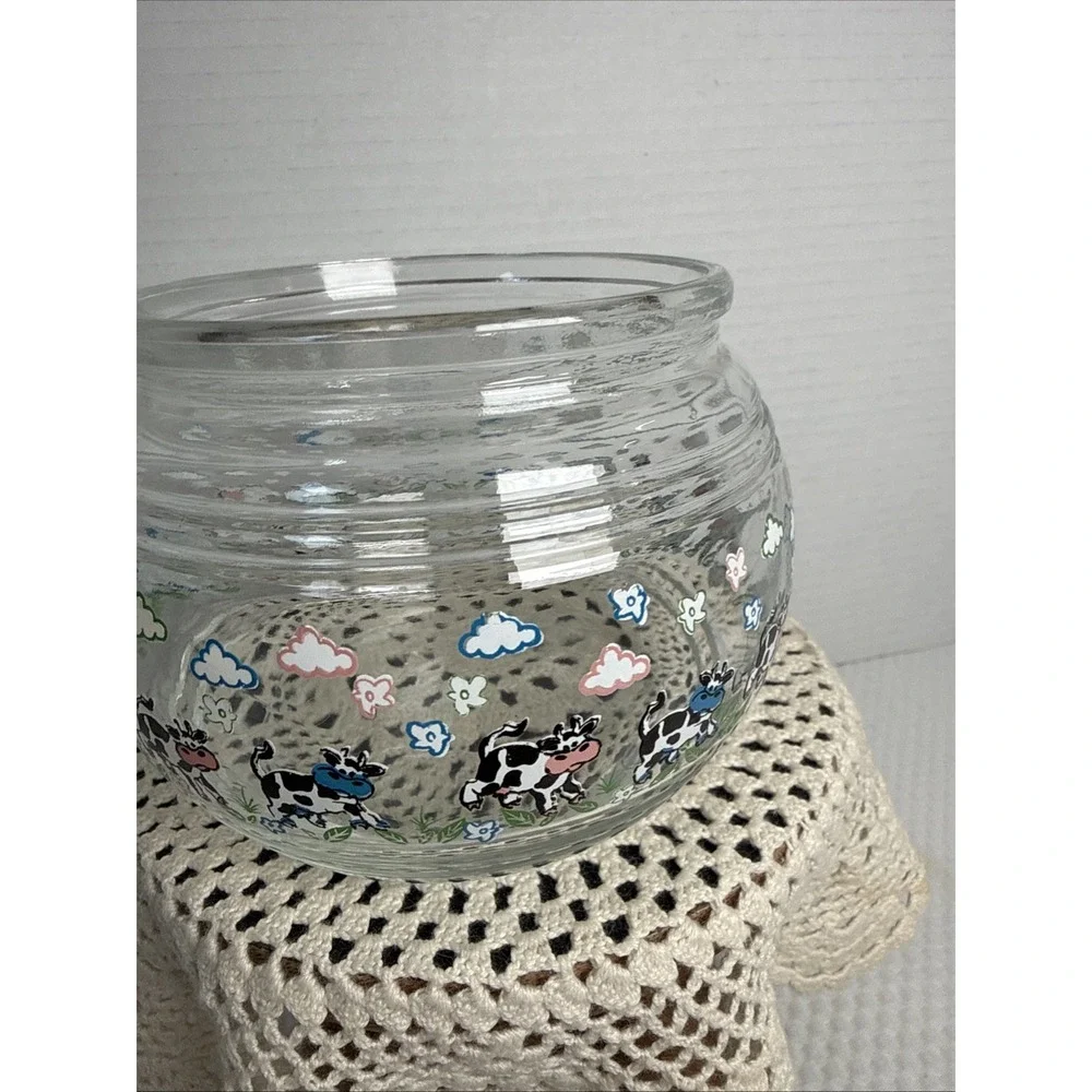 KIG Indonesia Vintage Glass Candy Jar Cannister Apothecary Lid Happy Cows. 5X5